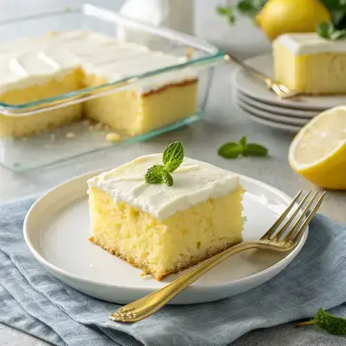 Lemonade cake slice on a white plate with a gold fork, blurred background of remaining cake and lemon.