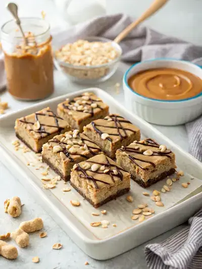 Platter of no-bake peanut butter oatmeal bars topped with crushed peanuts and dark chocolate drizzle, illuminated by soft sunlight.