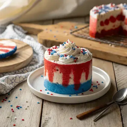 A slice of 4th of July poke cake on a white ceramic plate with colorful sprinkles and a wooden spoon nearby.