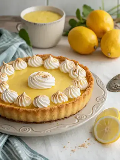 A beautifully arranged lemon custard pie with a golden crust and whipped cream on a linen tablecloth.