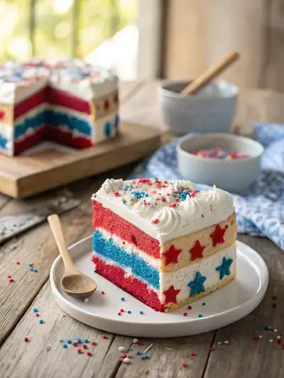 A vibrant 4th of July poke cake with jello-filled holes and whipped cream on a rustic wooden table.