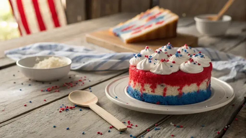 Close-up of a vibrant red, white, and blue poke cake with glossy jello-filled holes and whipped cream on a rustic wooden table.