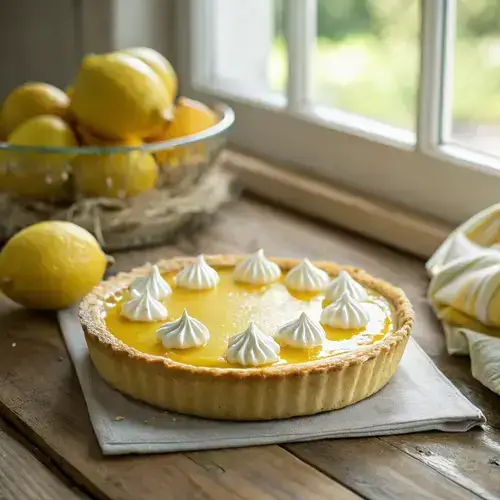 Photorealistic lemon custard pie with a flaky crust and dollops of whipped cream, set on a wooden table.