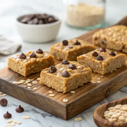 Photorealistic image of no-bake peanut butter oatmeal bars with a soft natural light highlighting their texture.
