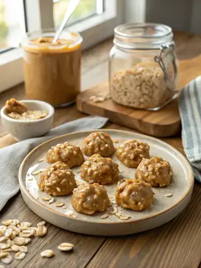 Plate of peanut butter no-bake cookies on a wooden table with peanut butter and oats in the background.