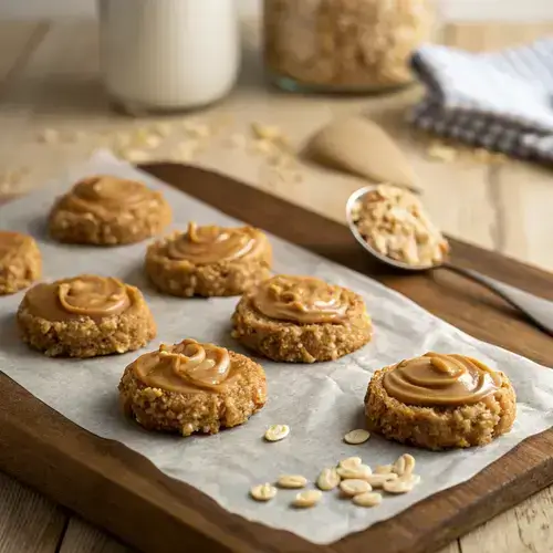 Freshly made peanut butter no-bake cookies arranged on a rustic table with natural lighting.